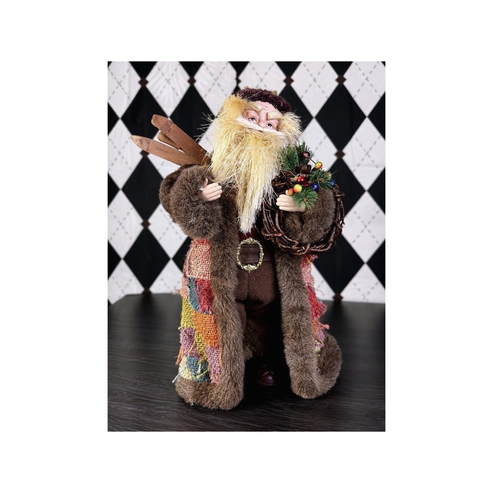 Tall Vintage Folk Art Santa 15.5" Patchwork Coat Woodland Christmas Figure